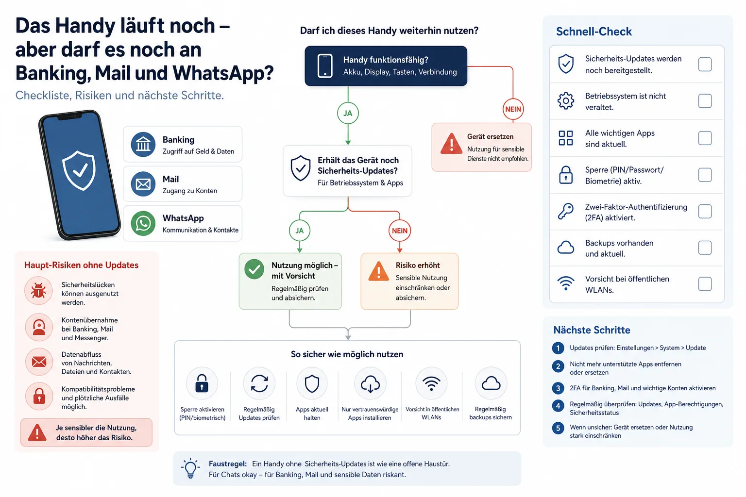 Das Handy läuft noch – aber darf es noch an Banking, Mail und WhatsApp?: Das Handy läuft noch – aber darf es noch an Banking, Mail und WhatsApp?: Praxis-Checkliste mit Risiken und nächsten Schritten.