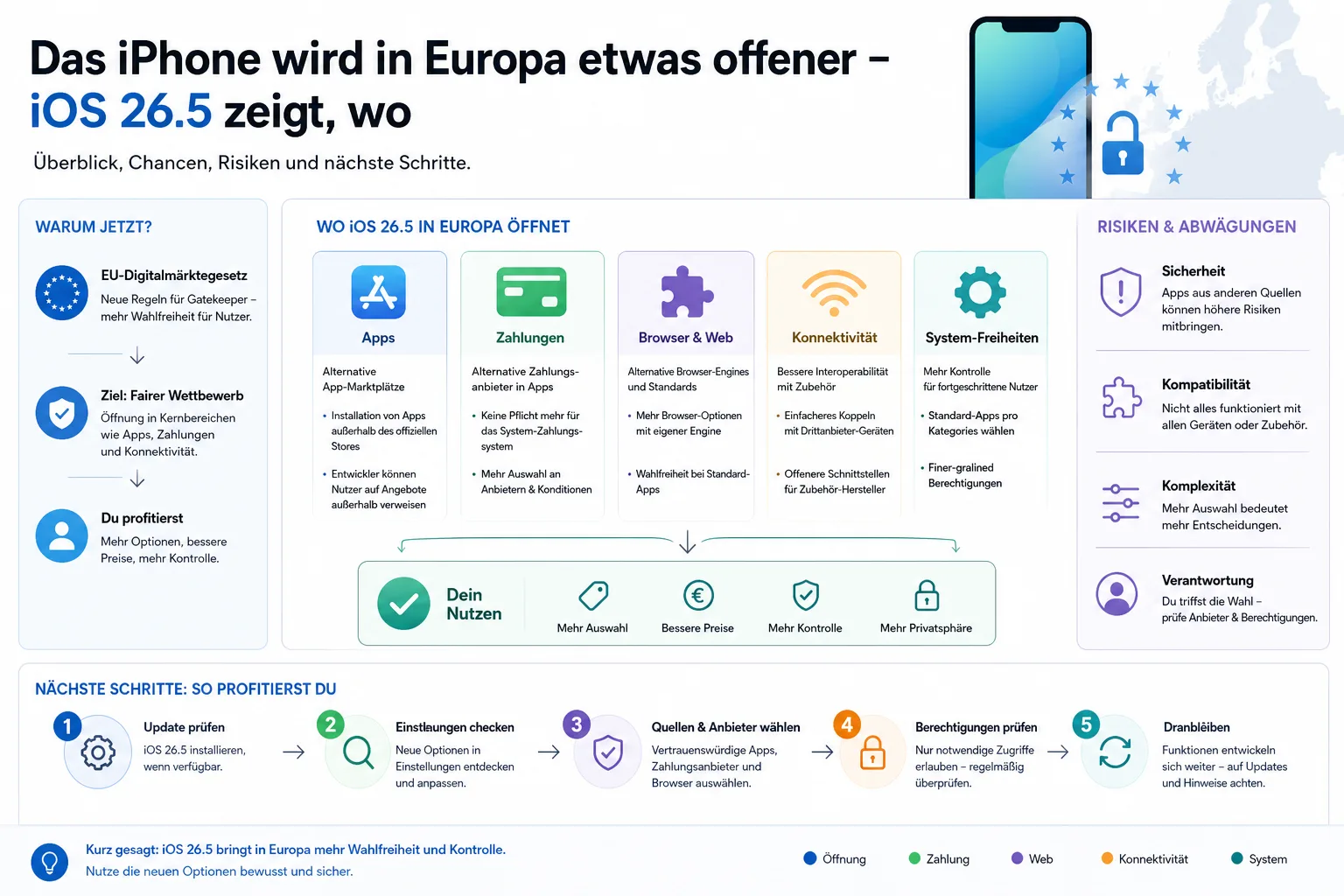 Das iPhone wird in Europa etwas offener – iOS 26.5 zeigt, wo: Praxis-Checkliste mit Risiken und nächsten Schritten.