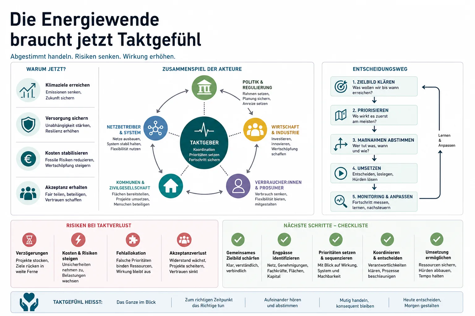 Die Energiewende braucht jetzt Taktgefühl: Praxis-Checkliste mit Risiken und nächsten Schritten.