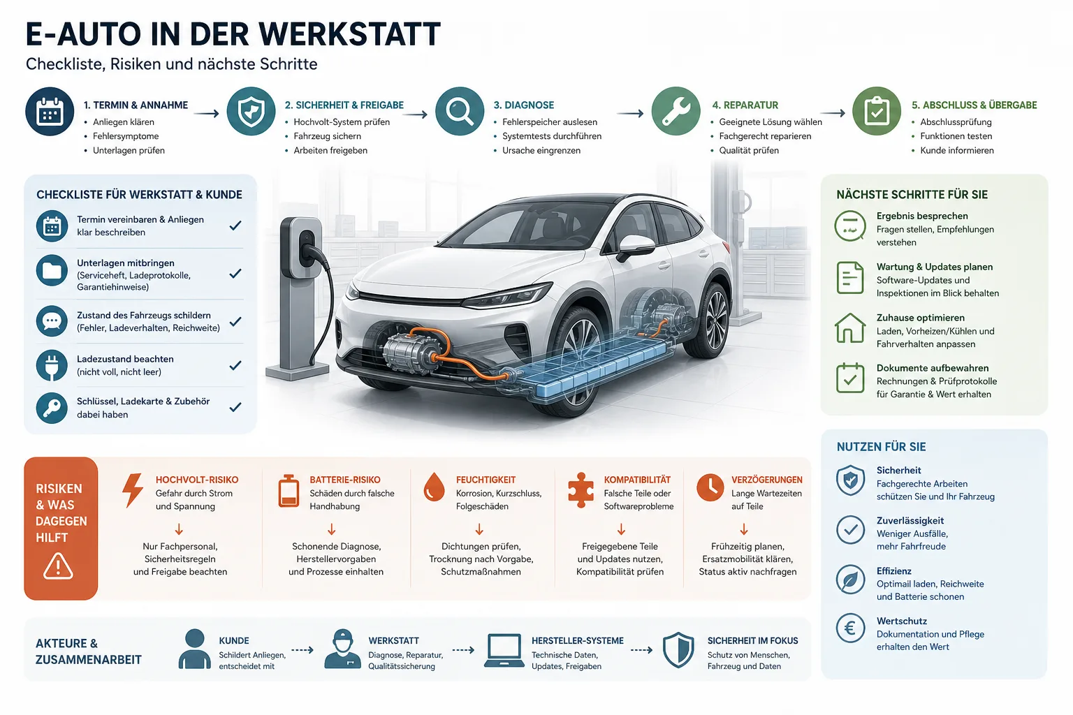 E-Auto in der Werkstatt: Praxis-Checkliste mit Risiken und nächsten Schritten.