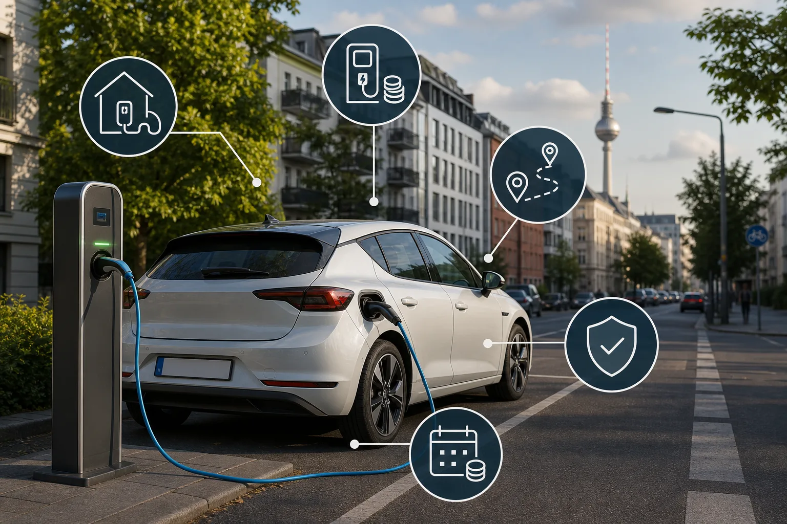 E-Auto an einer öffentlichen Ladesäule mit dezenten Symbolen für Ladepreise, Heimladen, Reichweite und Verlässlichkeit