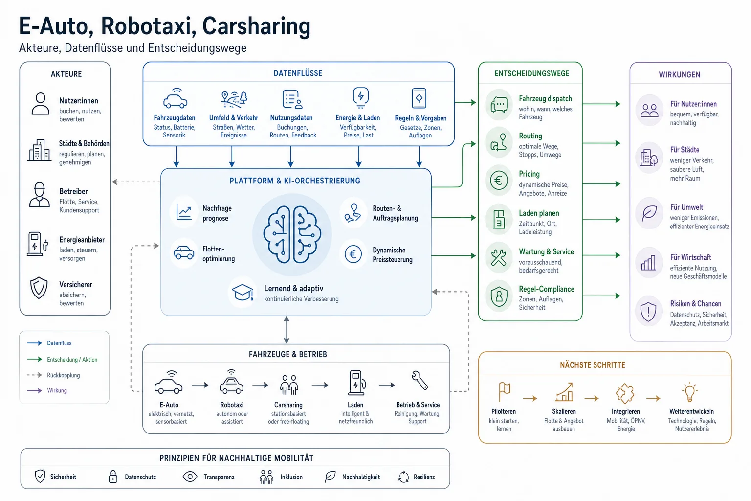 E-Auto, Robotaxi, Carsharing: E-Auto, Robotaxi, Carsharing: Überblick über Akteure und Zusammenhänge.