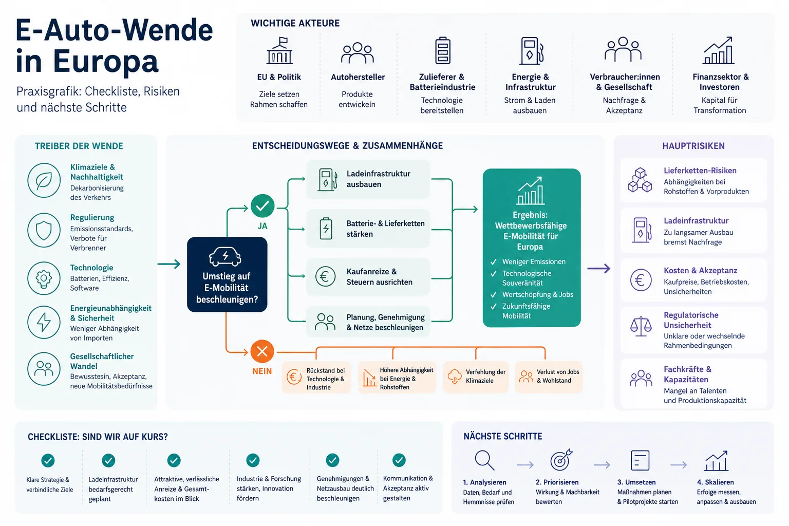 E-Auto-Wende in Europa: Praxis-Checkliste mit Risiken und nächsten Schritten.