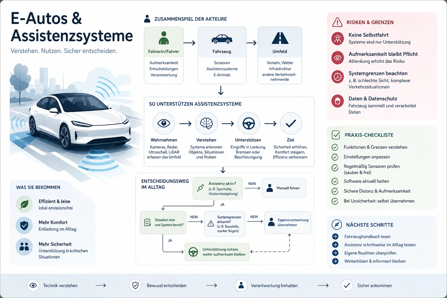 E-Autos und Assistenzsysteme: E-Autos und Assistenzsysteme: Praxis-Checkliste mit Risiken und nächsten Schritten.