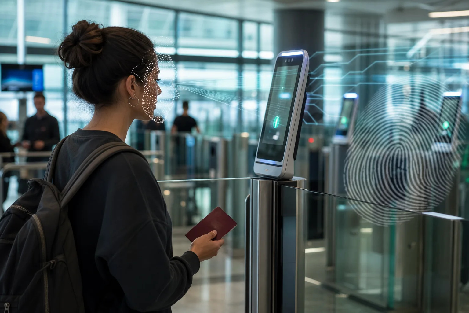 Digitale Grenzkontrolle an einem europäischen Flughafen mit Pass, E-Gate und biometrischen Hinweisen.