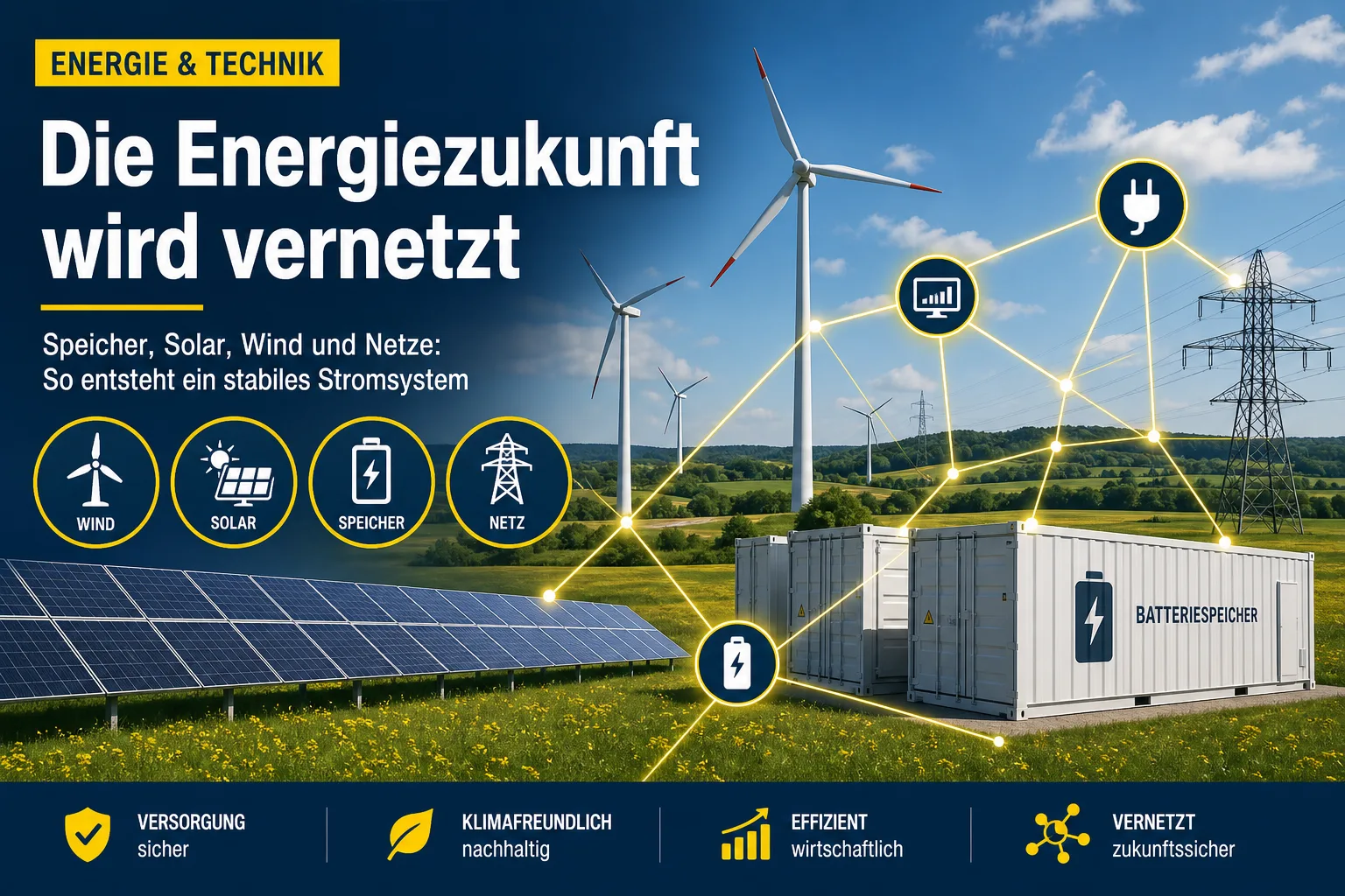 Erneuerbare Energien: redaktionelle Visualisierung mit Datenflüssen, Risiken und Unternehmensprozessen