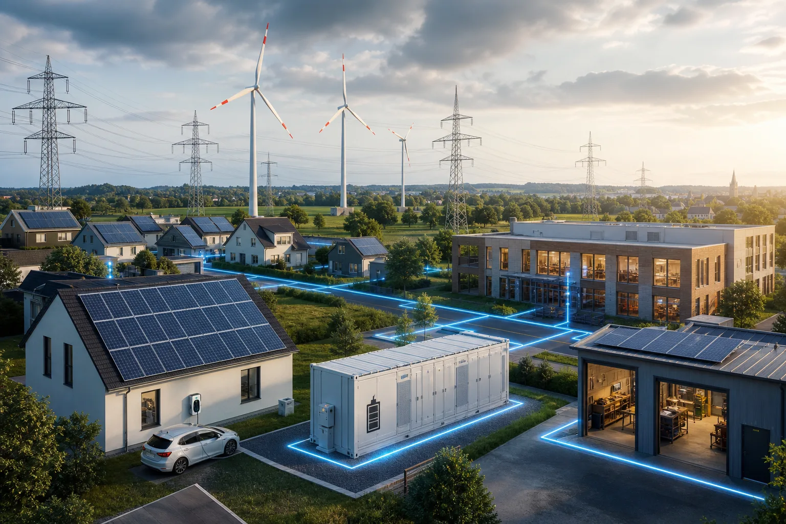 Erneuerbare Energien: redaktionelle Visualisierung mit Datenflüssen, Risiken und Unternehmensprozessen