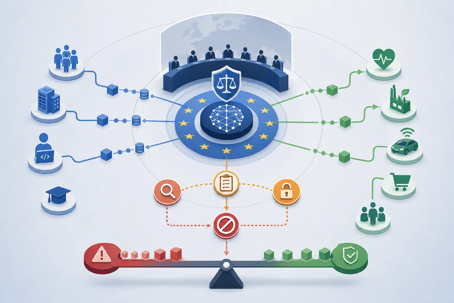EU AI Act: EU AI Act: Überblick über Akteure und Zusammenhänge.