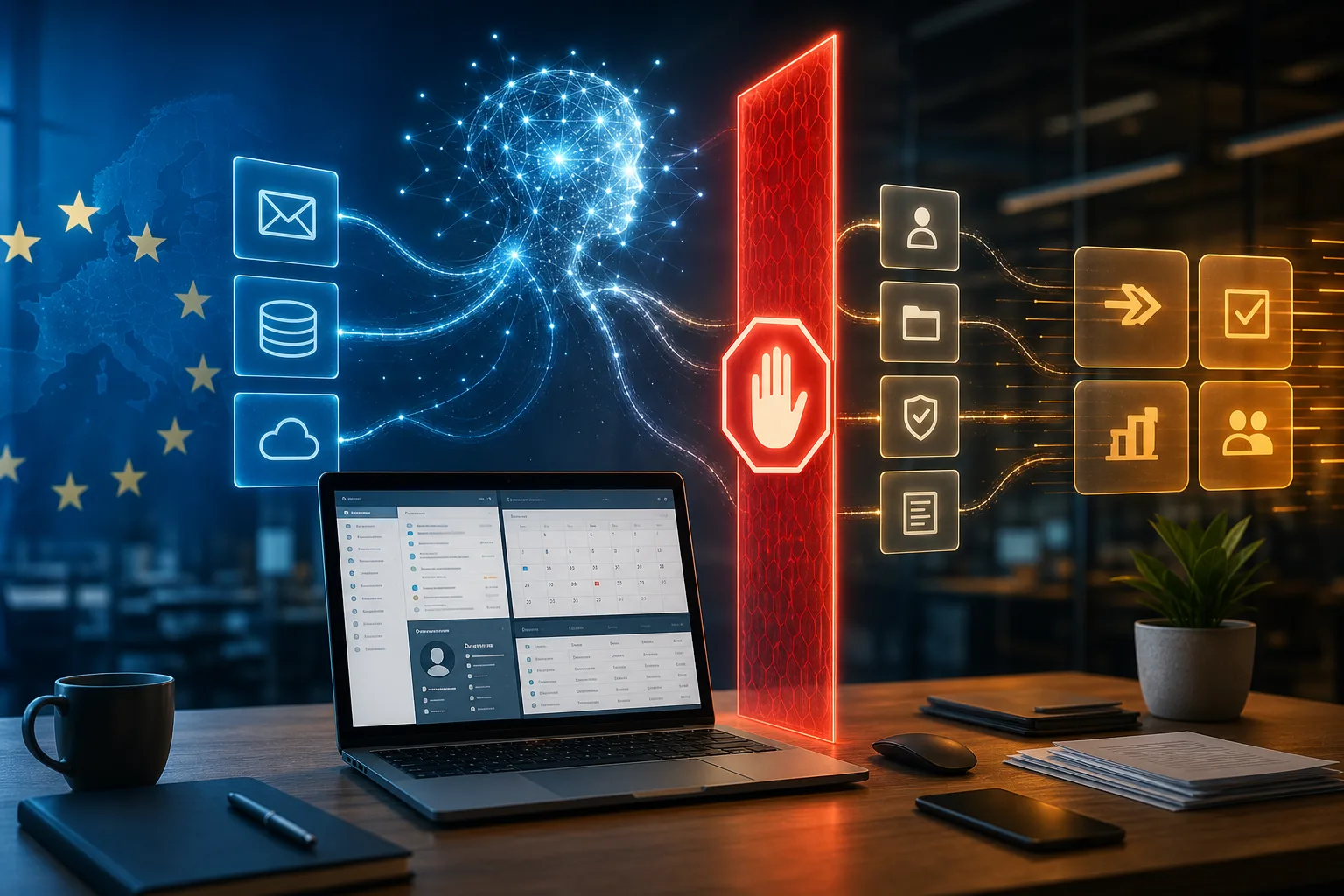 Künstliche Intelligenz: redaktionelle Visualisierung mit Datenflüssen, Risiken und Unternehmensprozessen