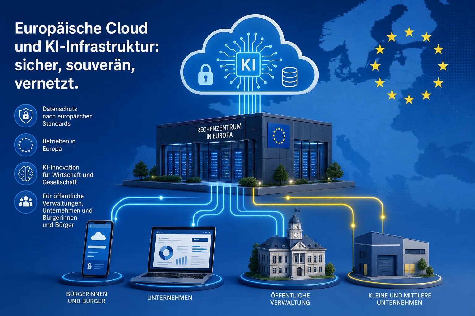 digitale Wirtschaft und Technologiepolitik: redaktionelle Visualisierung mit Datenflüssen, Risiken und Unternehmensprozessen