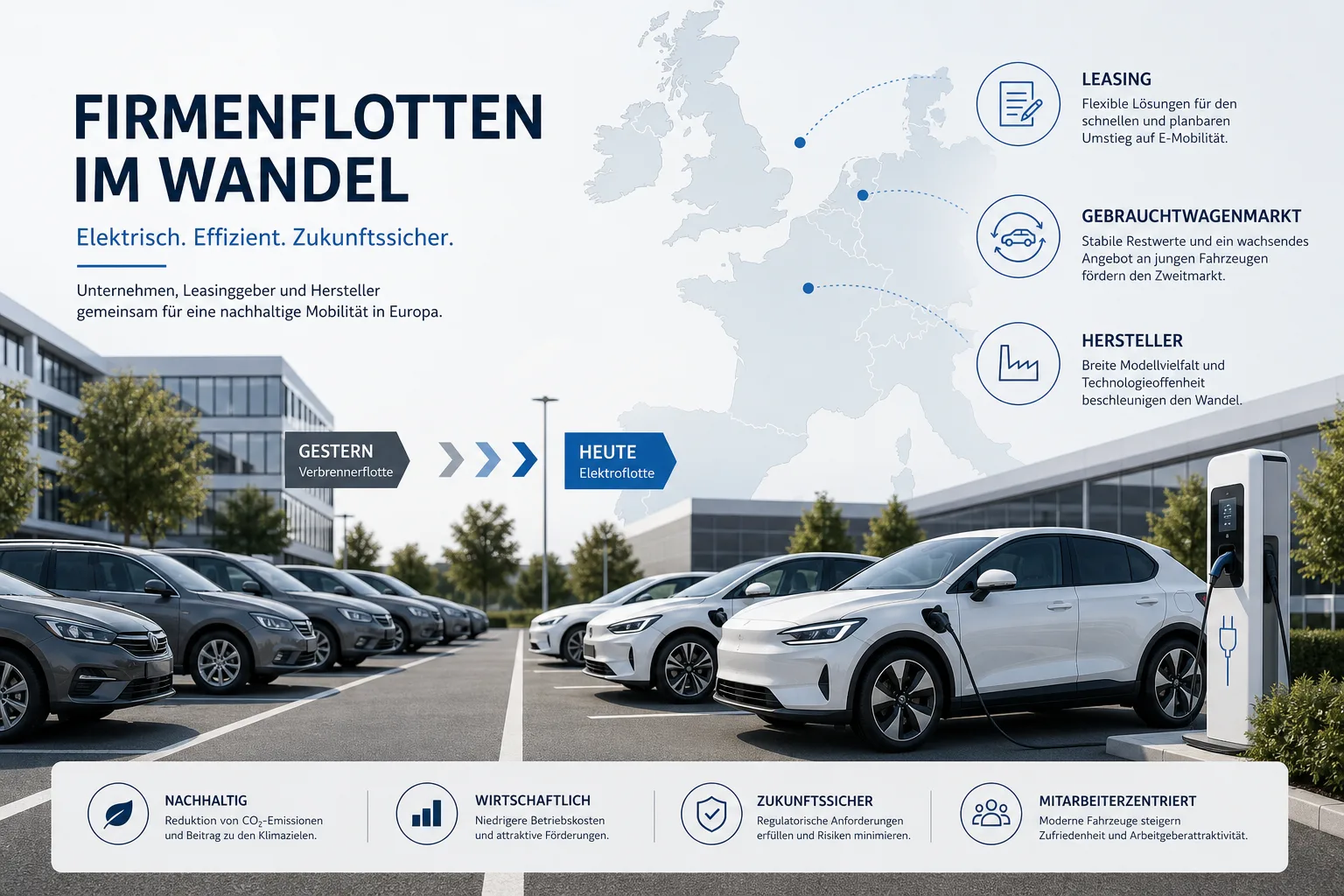 Editorial-Infografik zu EU-Firmenwagenquote, Elektroflotten, Leasing, Ladeinfrastruktur und europäischem Automarkt.