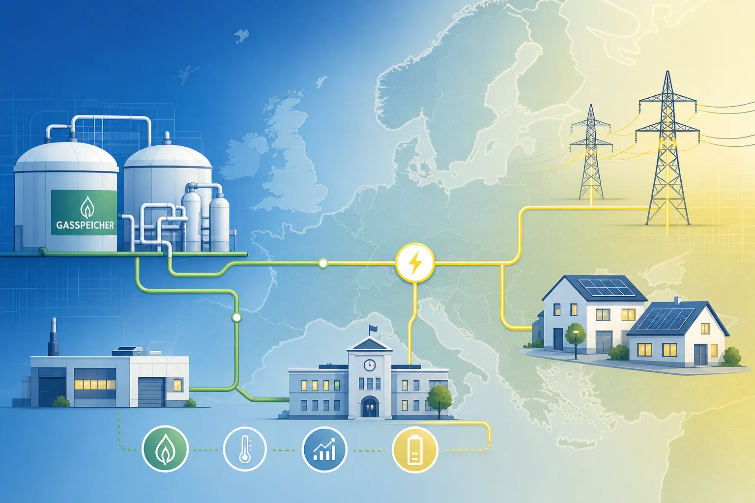 Energie: redaktionelle Visualisierung mit Datenflüssen, Risiken und Unternehmensprozessen