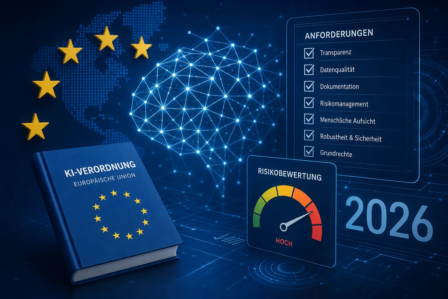 Abstrakte Darstellung eines europäischen EU lockert KI-Regeln-Regelwerks mit verbundenen Datenpunkten und Prüfschritten