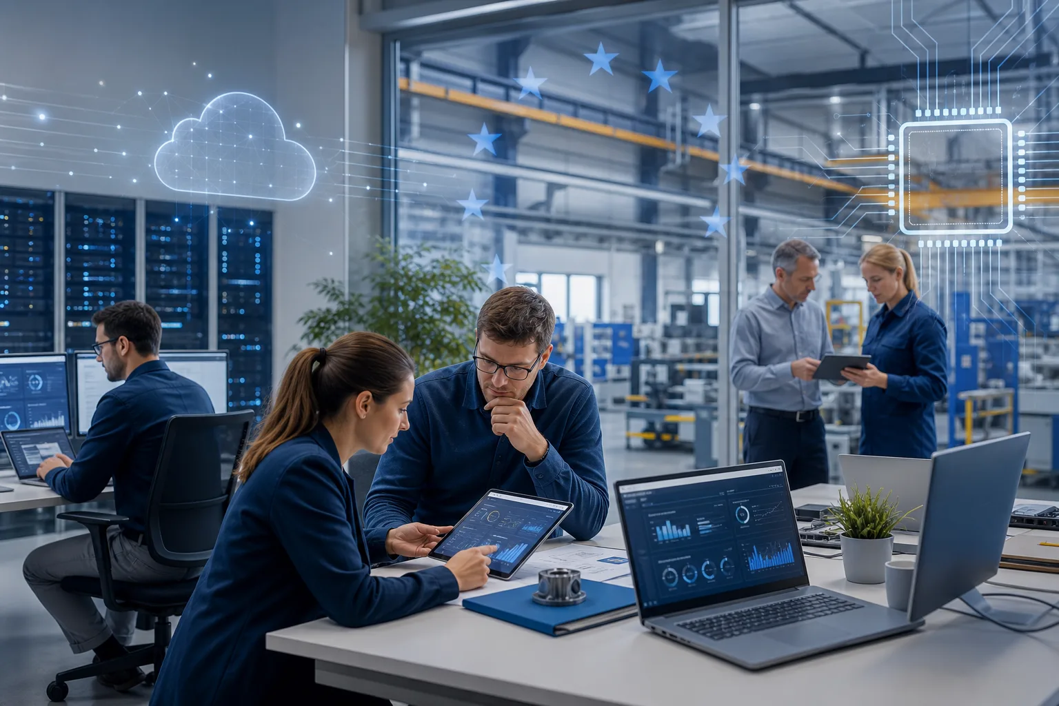digitale Wirtschaft und Technologiepolitik: redaktionelle Visualisierung mit Datenflüssen, Risiken und Unternehmensprozessen