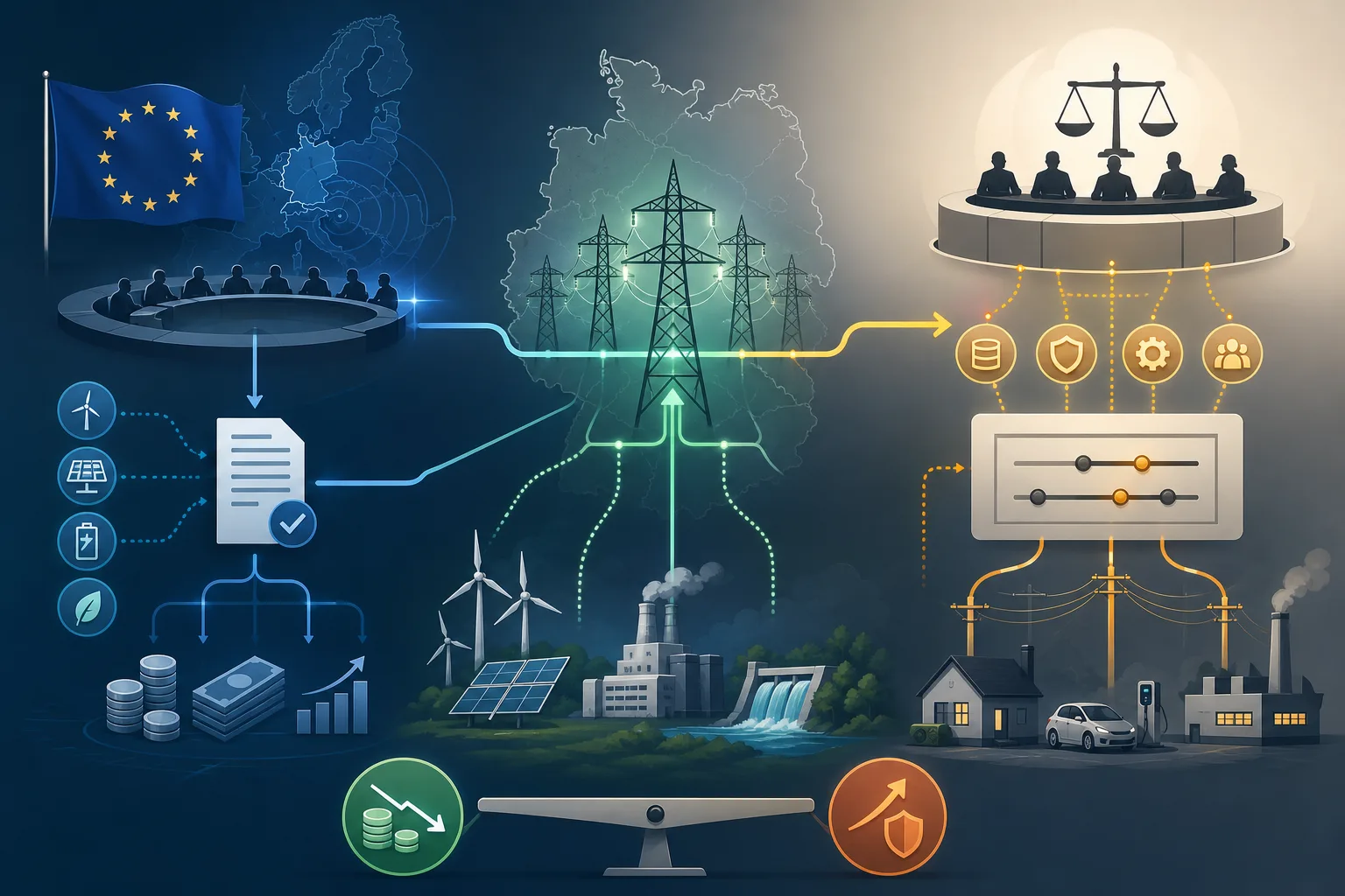 EU plant günstigeren Strom, Bundesnetzagentur diskutiert Netzentgelte: EU plant günstigeren Strom, Bundesnetzagentur diskutiert Netzentgelte: Überblick über Akteure und Zusammenhänge.