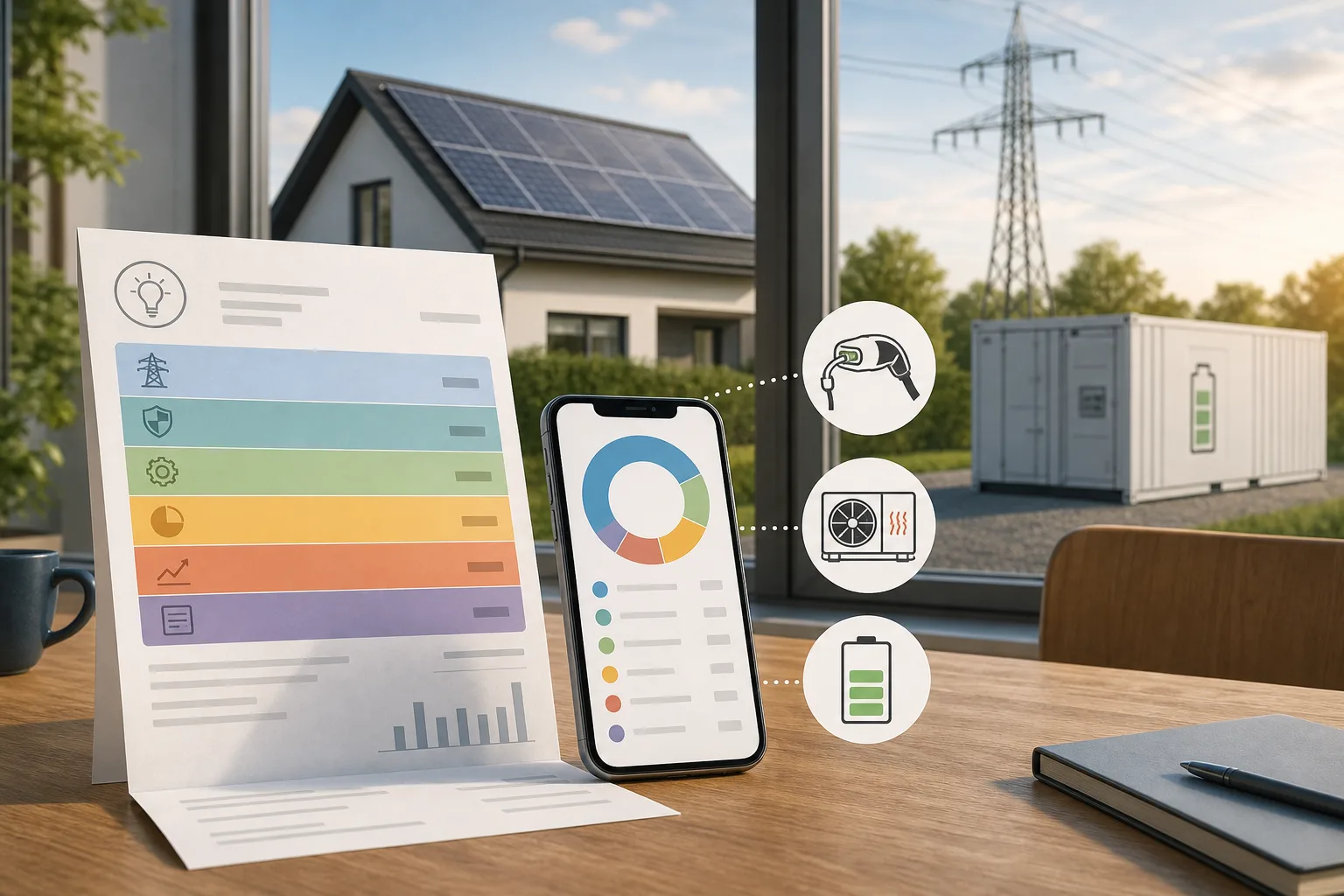 Energie: redaktionelle Visualisierung mit Datenflüssen, Risiken und Unternehmensprozessen