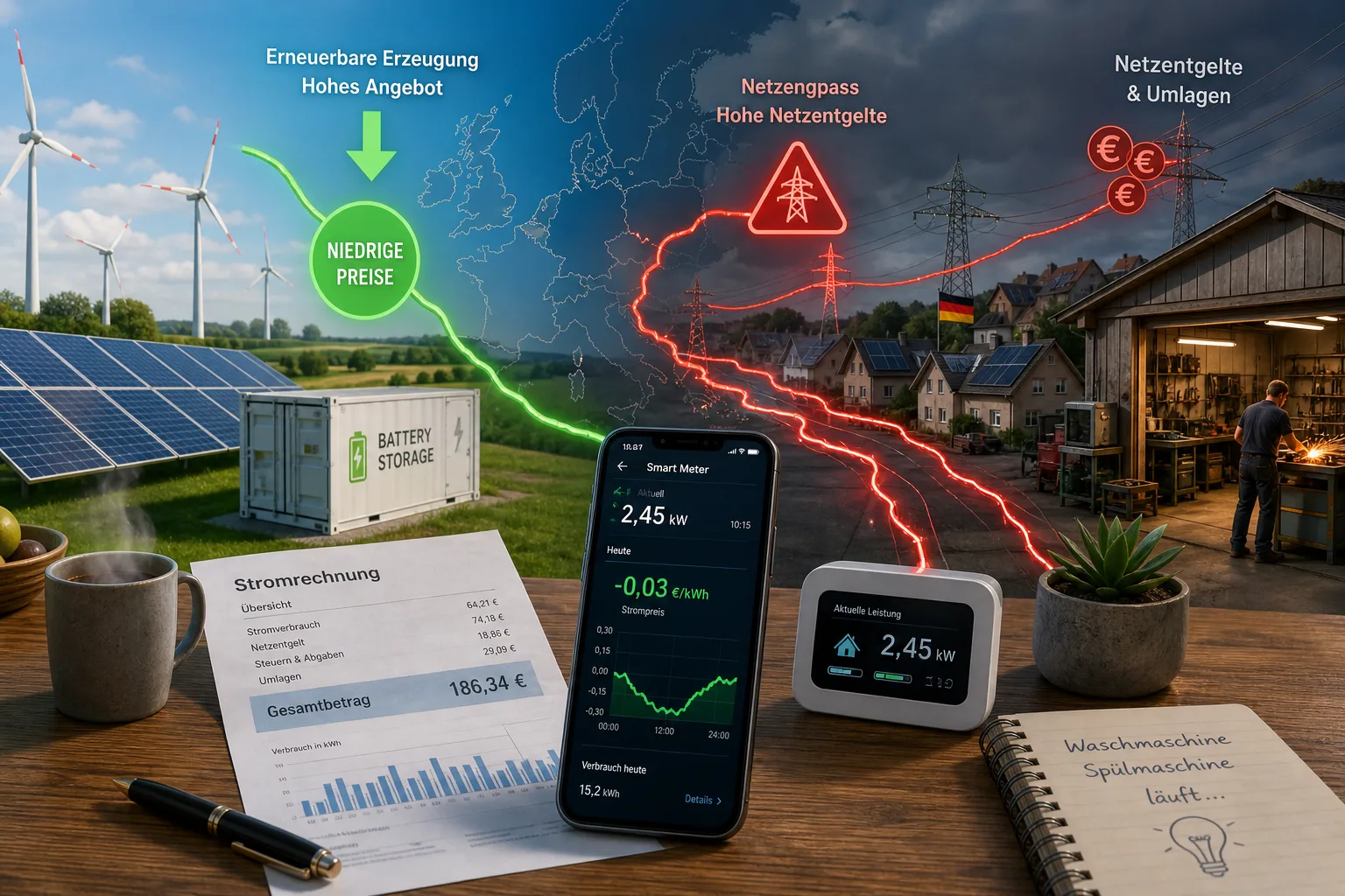 Energie: redaktionelle Visualisierung mit Datenflüssen, Risiken und Unternehmensprozessen