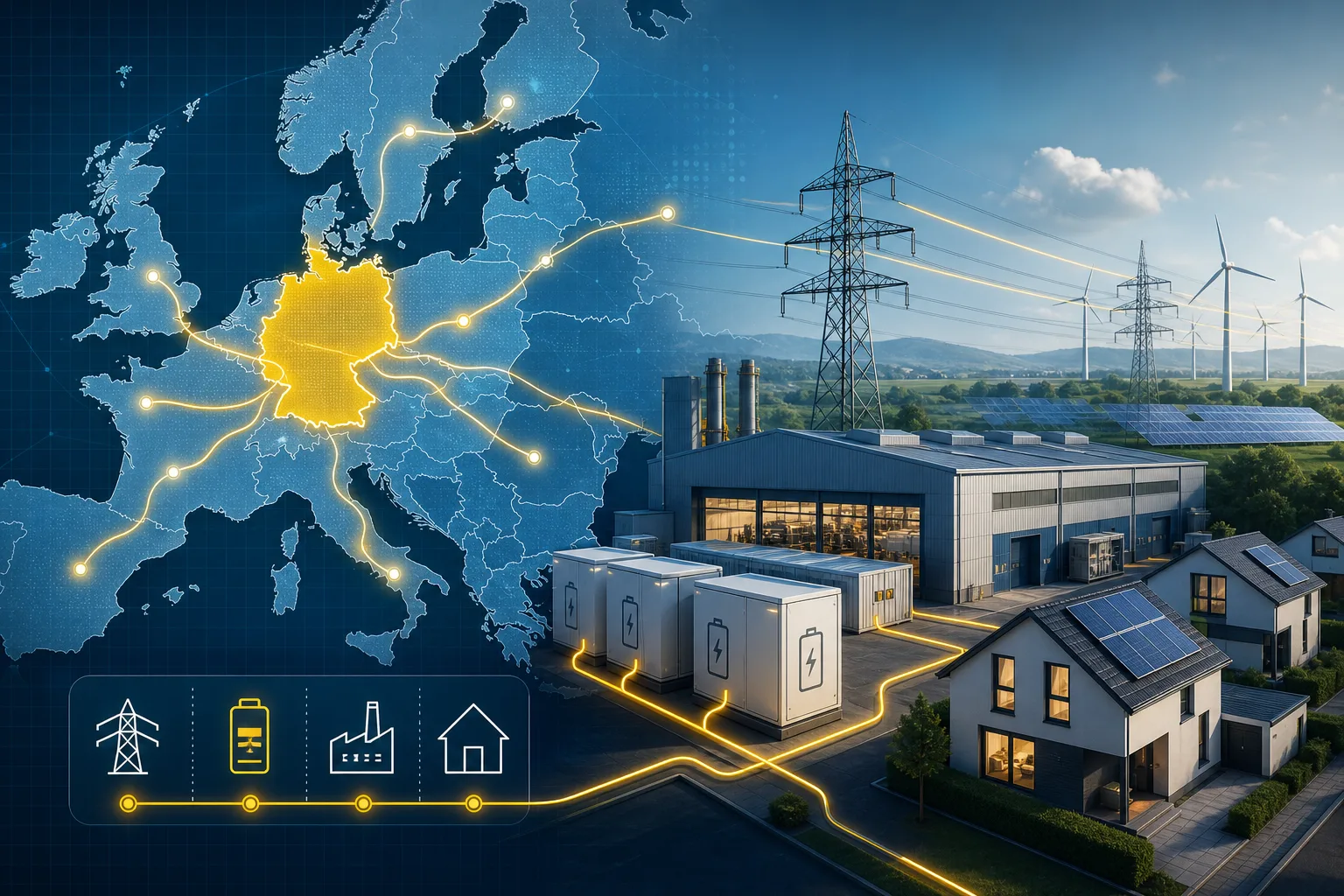 Energie: redaktionelle Visualisierung mit Datenflüssen, Risiken und Unternehmensprozessen