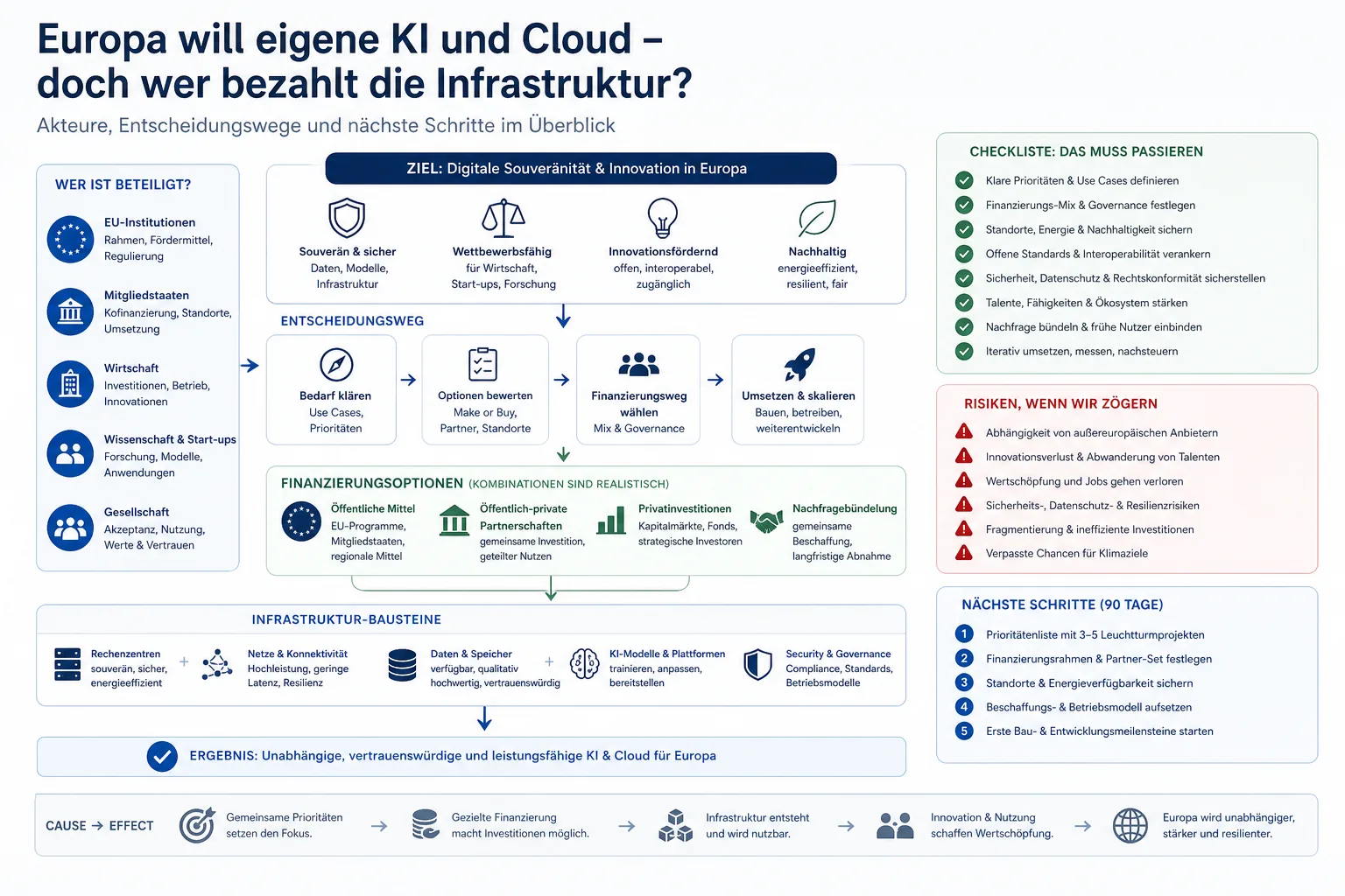 Europa will eigene KI und Cloud – doch wer bezahlt die Infrastruktur?: Praxis-Checkliste mit Risiken und nächsten Schritten.