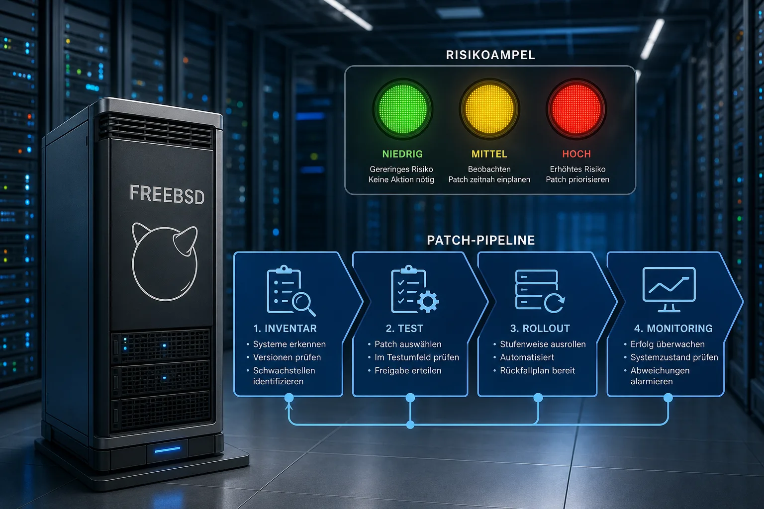 aktuelle Technikentwicklung: redaktionelle Visualisierung mit Datenflüssen, Risiken und Unternehmensprozessen
