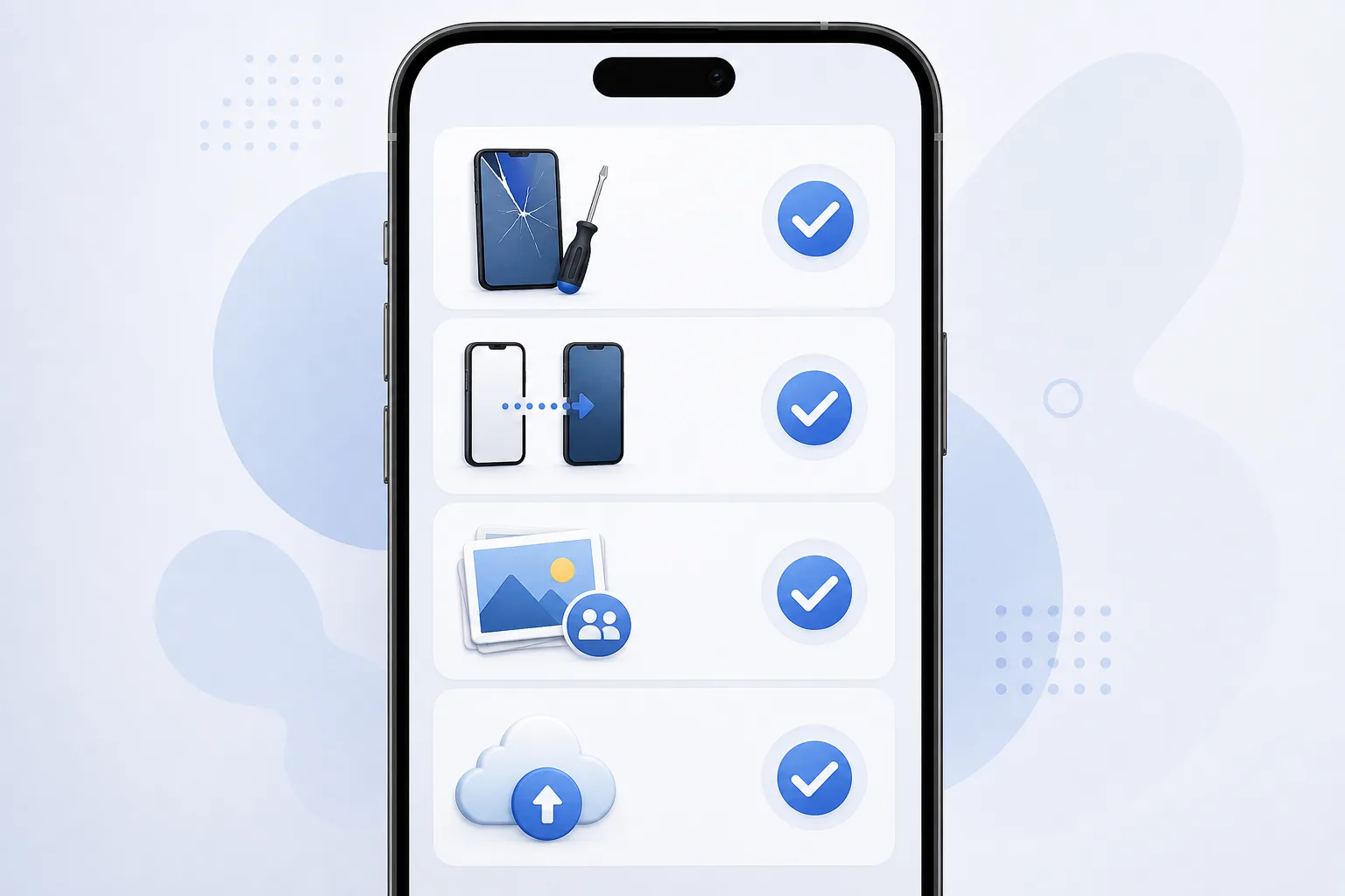 Checkliste mit Symbolen für Handy-Reparatur, Handywechsel, geteiltes Album und Backup-Prüfung.