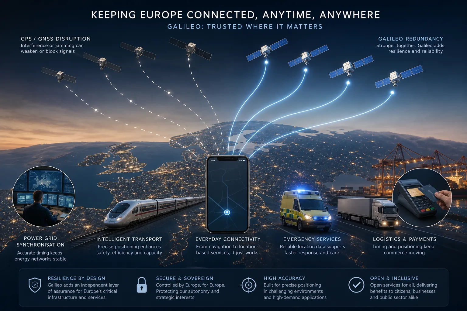Editorial-Infografik zu Galileo als europäischer Ortungs- und Zeitinfrastruktur bei GPS-Störungen.