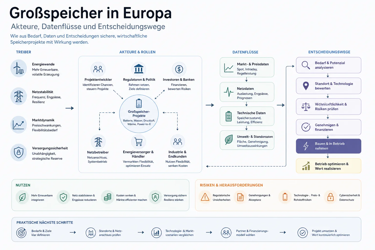 Großspeicher in Europa: Überblick über Akteure und Zusammenhänge.