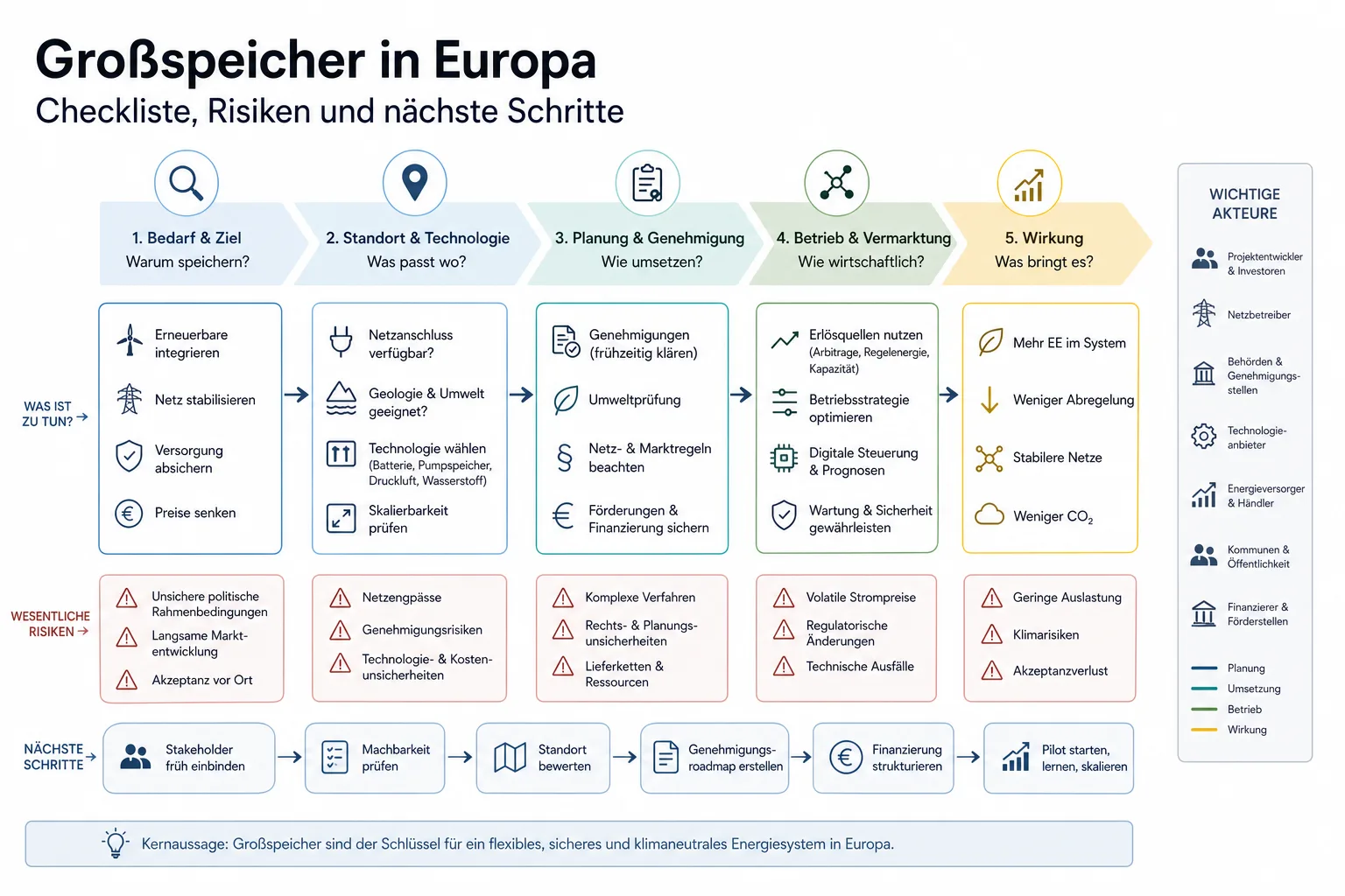 Großspeicher in Europa: Praxis-Checkliste mit Risiken und nächsten Schritten.