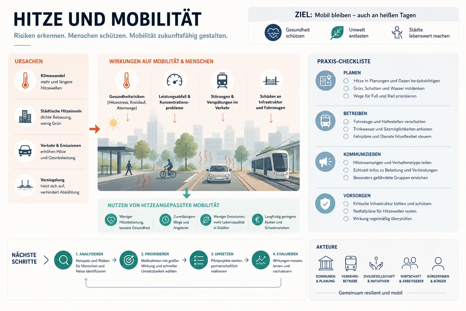Hitze und Mobilität: Praxis-Checkliste mit Risiken und nächsten Schritten.
