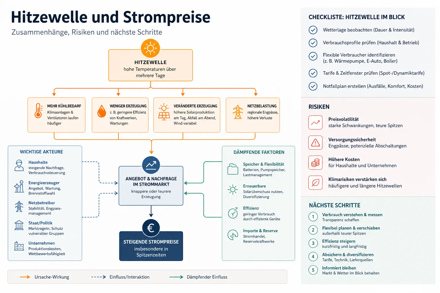 Hitzewelle und Strompreise: Praxis-Checkliste mit Risiken und nächsten Schritten.