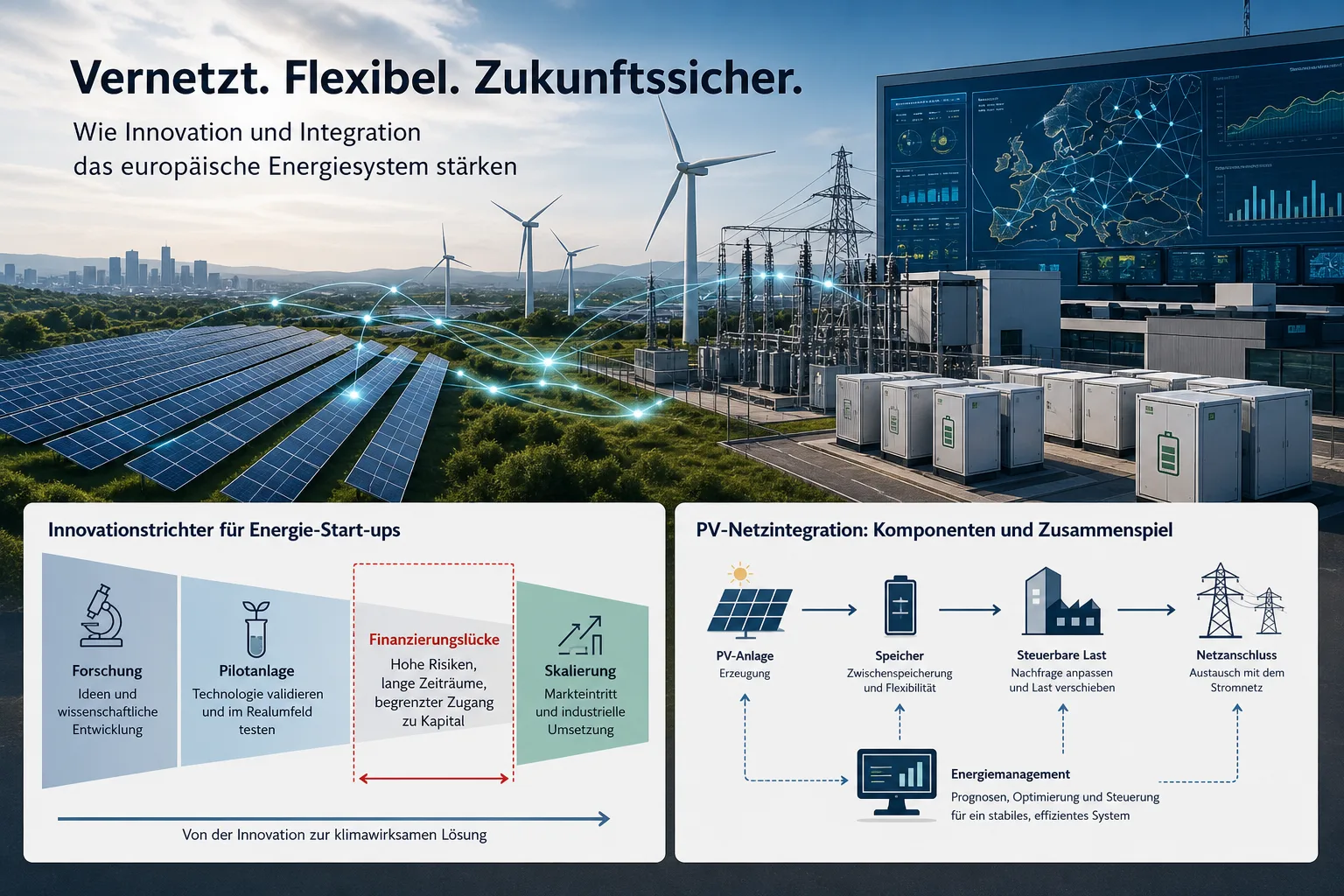 Erneuerbare Energien: redaktionelle Visualisierung mit Datenflüssen, Risiken und Unternehmensprozessen