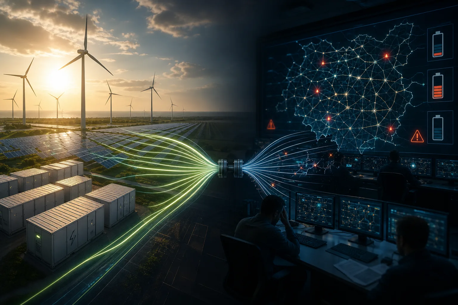 Erneuerbare Energien: redaktionelle Visualisierung mit Datenflüssen, Risiken und Unternehmensprozessen