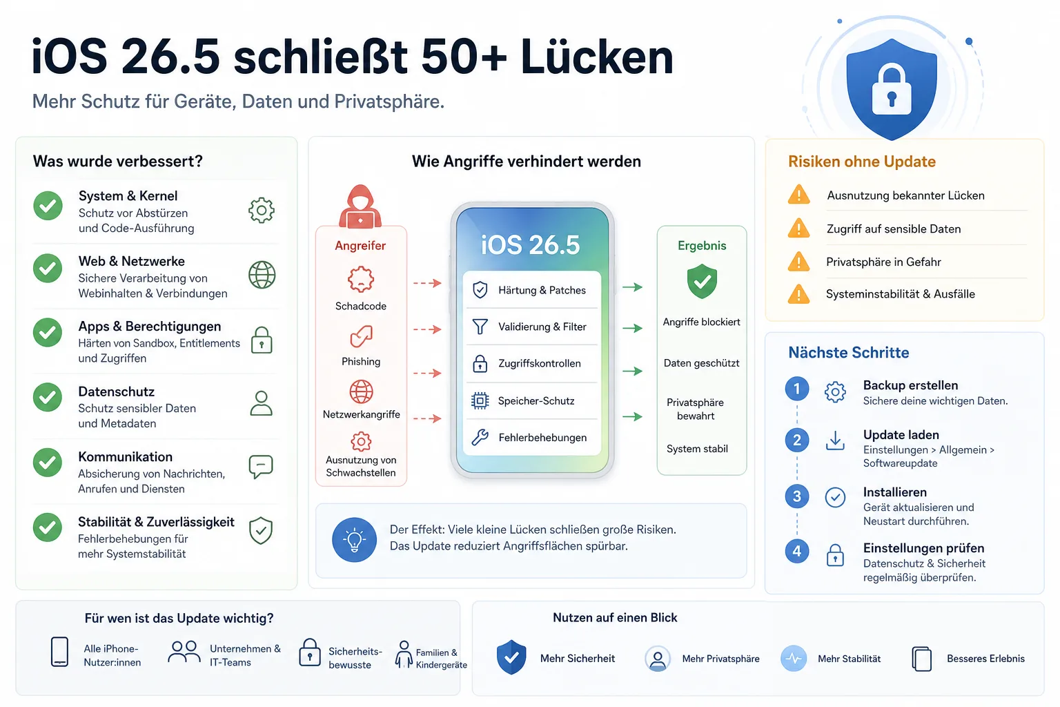 iOS 26.5 schließt 50+ Lücken: Praxis-Checkliste mit Risiken und nächsten Schritten.