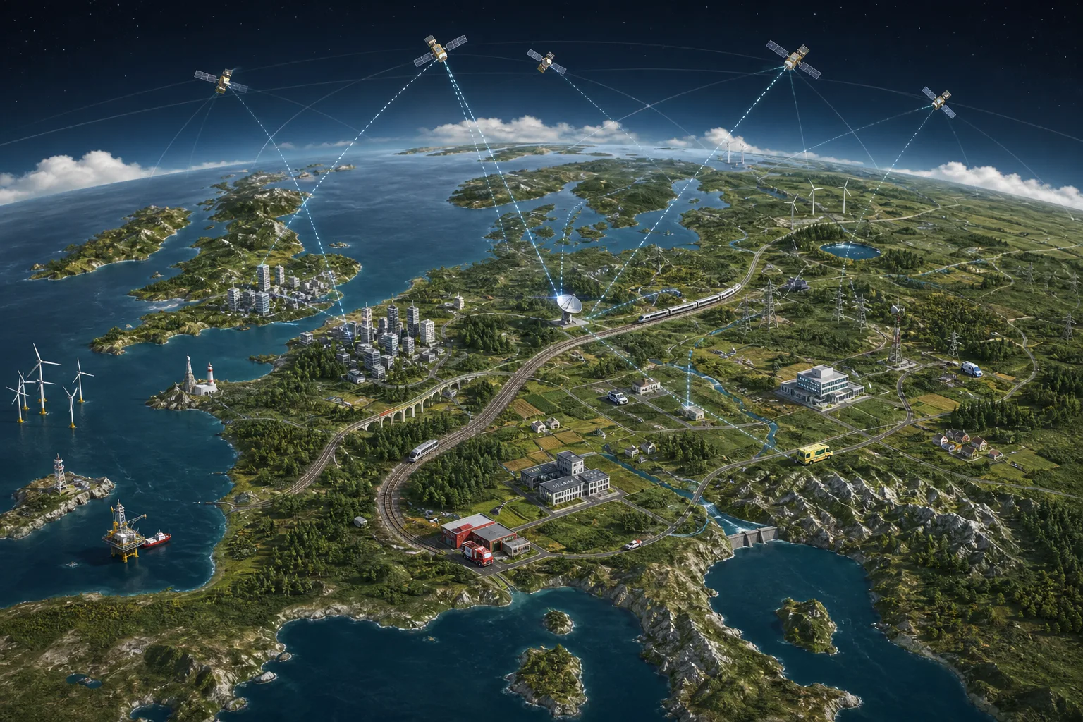 Stilisierte Europakarte mit Satelliten, Mobilfunkmasten, Bahn, Küste, Energieinfrastruktur und Notfallkommunikation als vernetzter Backup-Ebene.