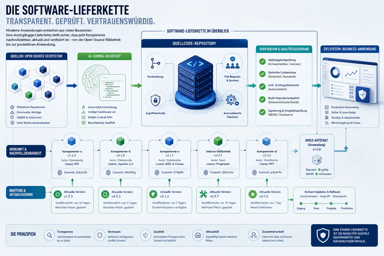 Infografik einer Software-Lieferkette mit KI-Code, Open-Source-Paketen, Prüfmarken und Unternehmens-App.