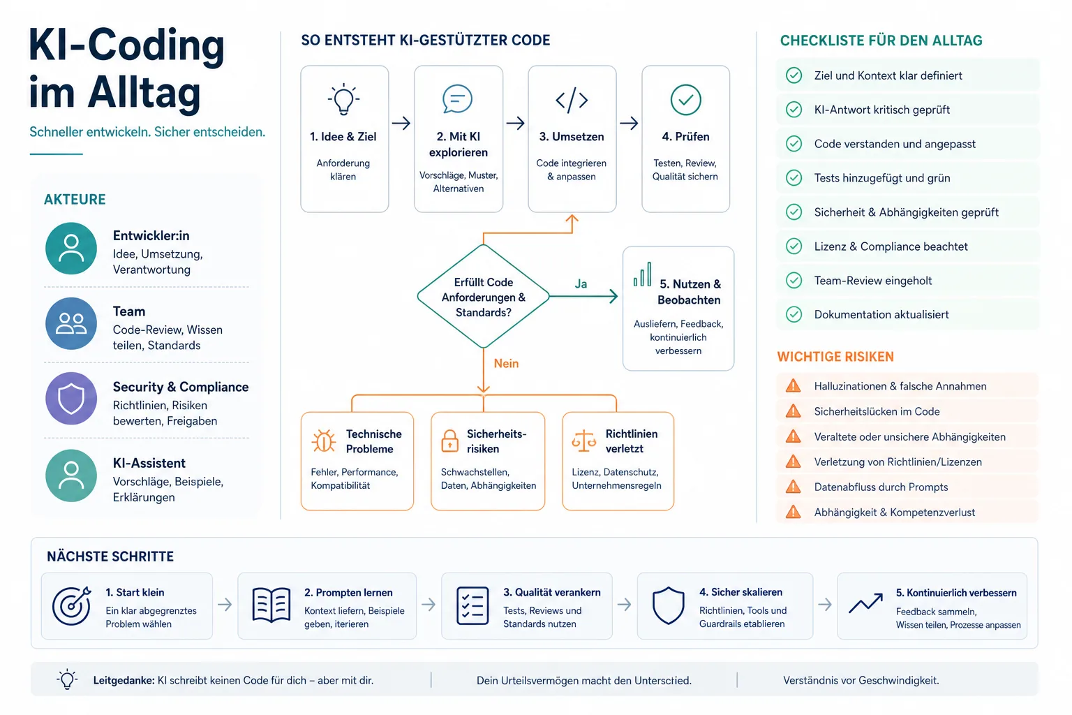 KI-Coding im Alltag: Praxis-Checkliste mit Risiken und nächsten Schritten.