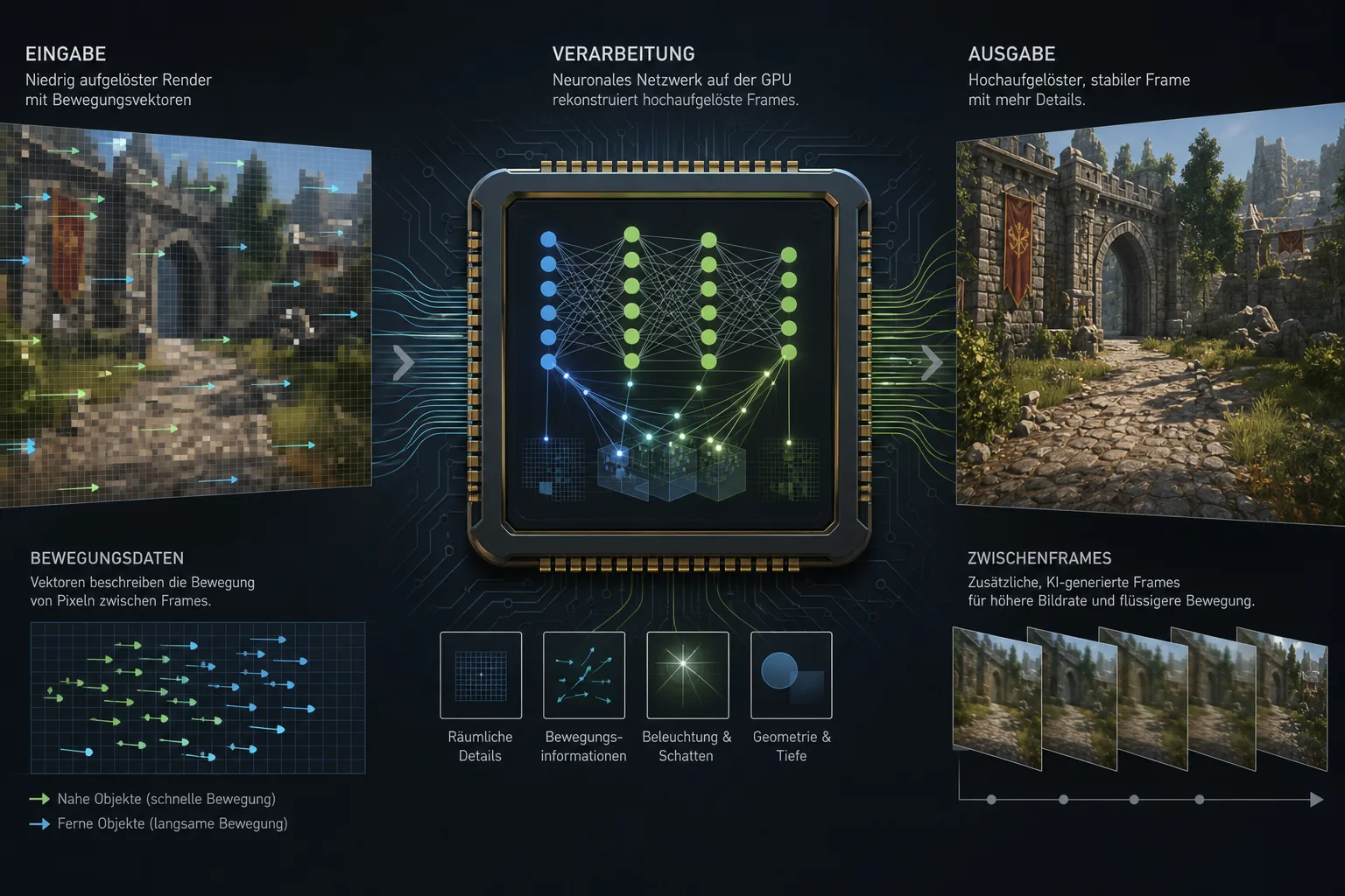 Infografik zur KI-Grafik: Eine GPU rekonstruiert aus einem gerenderten Spielebild schärfere Bilder und Zwischenframes.