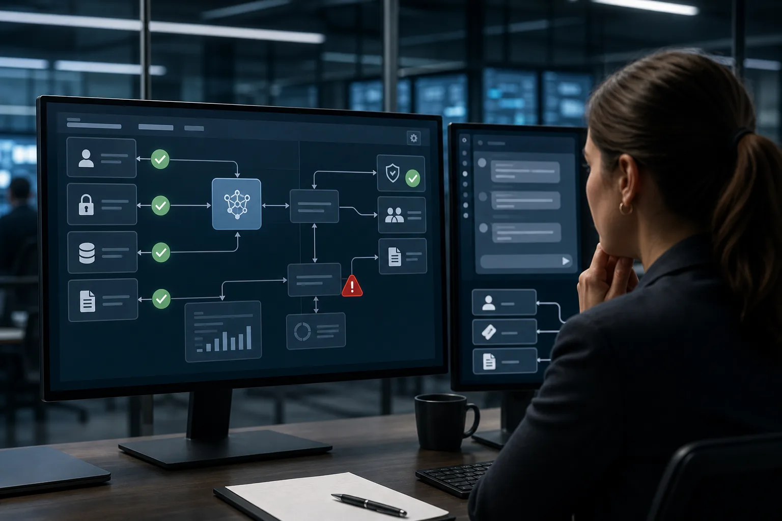 Künstliche Intelligenz: redaktionelle Visualisierung mit Datenflüssen, Risiken und Unternehmensprozessen