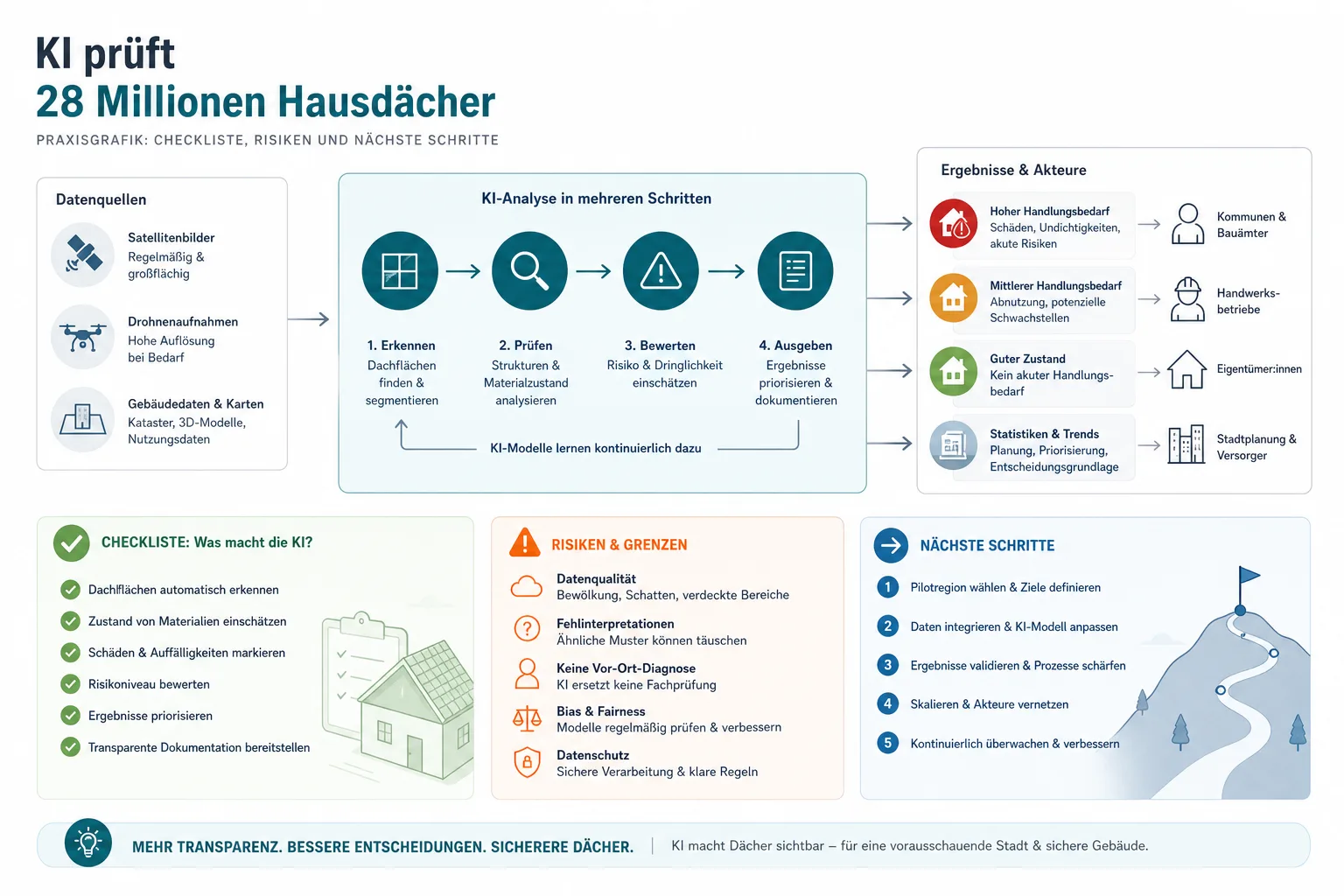 KI prüft 28 Millionen Hausdächer: Praxis-Checkliste mit Risiken und nächsten Schritten.