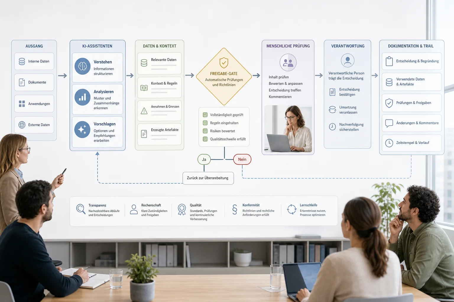 Editoriale Infografik zu KI-Regeln im Team mit Datenfreigabe, menschlicher Prüfung und Dokumentation.