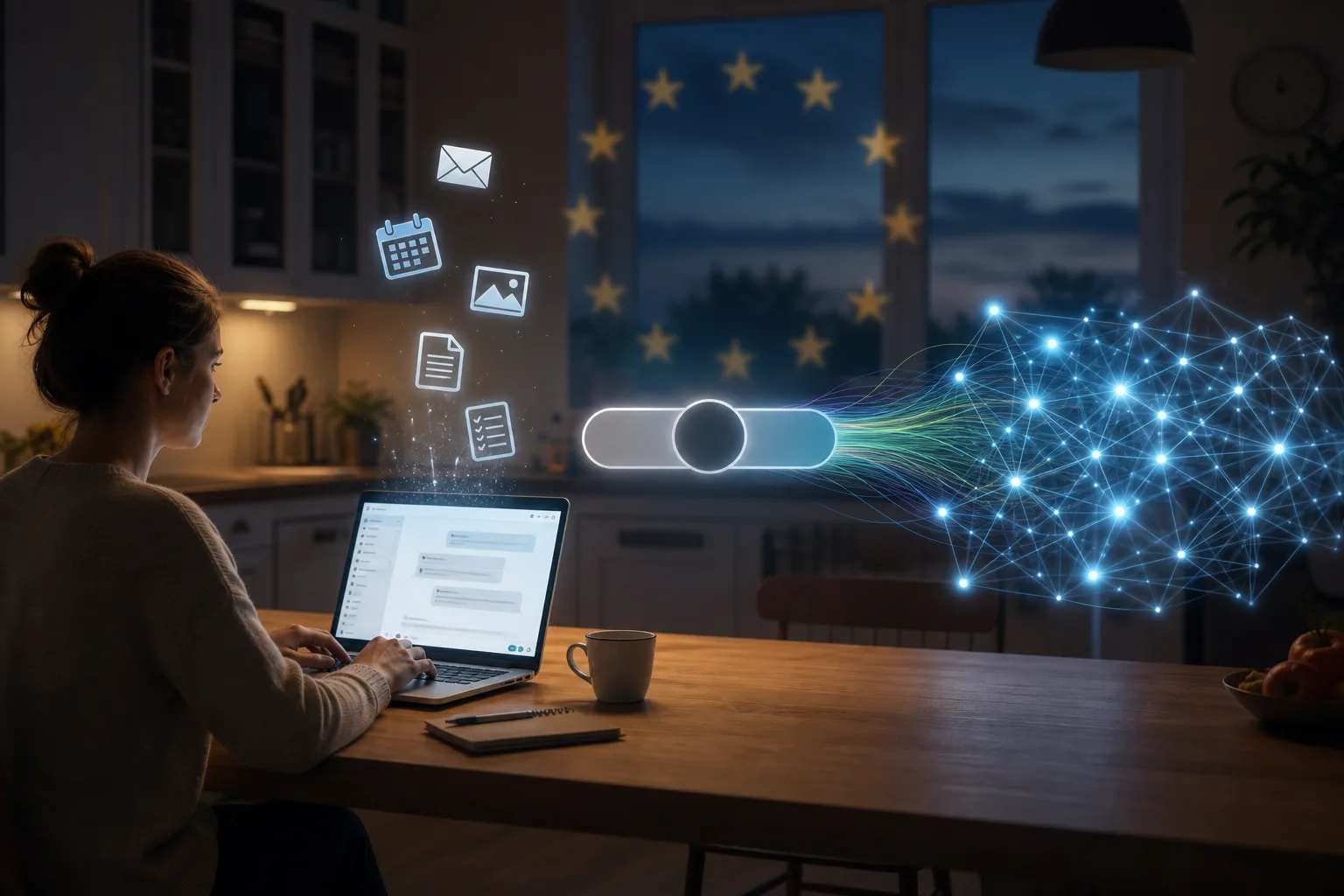 Künstliche Intelligenz: redaktionelle Visualisierung mit Datenflüssen, Risiken und Unternehmensprozessen