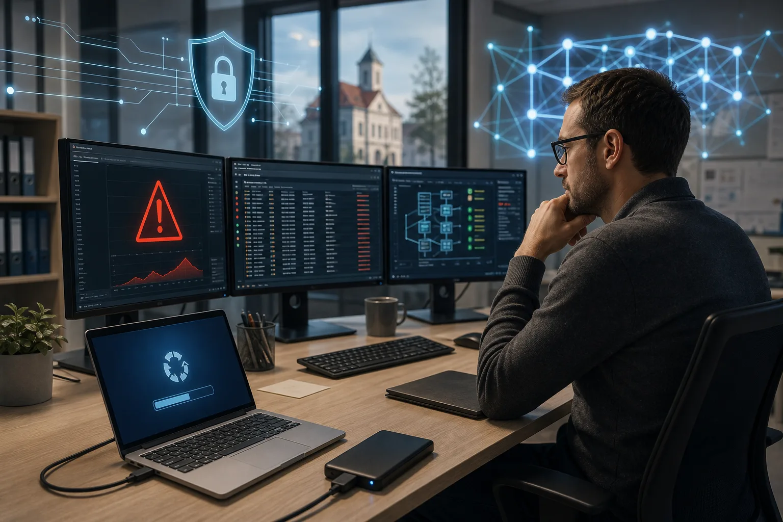 aktuelle Technikentwicklung: redaktionelle Visualisierung mit Datenflüssen, Risiken und Unternehmensprozessen