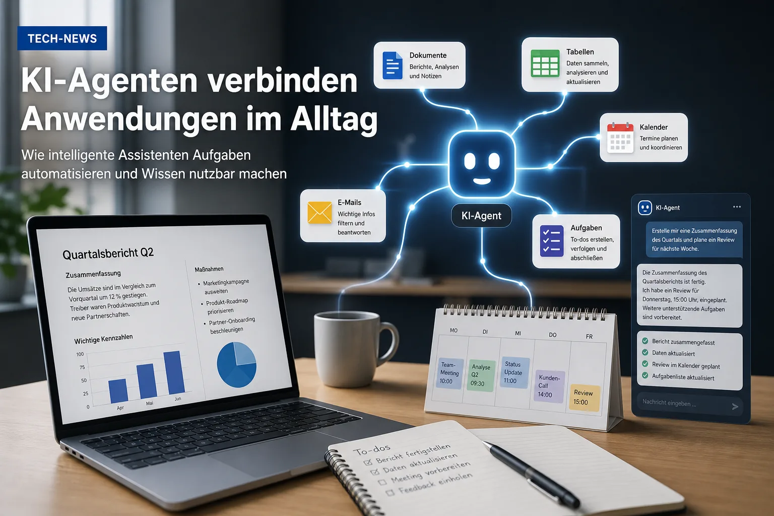 Künstliche Intelligenz: redaktionelle Visualisierung mit Datenflüssen, Risiken und Unternehmensprozessen