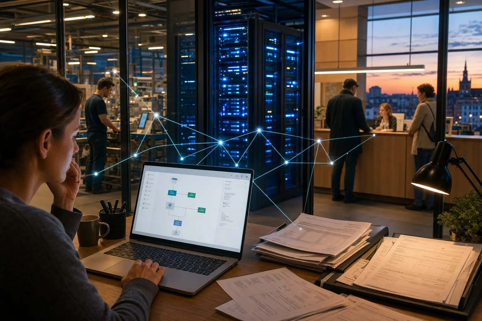 digitale Wirtschaft und Technologiepolitik: redaktionelle Visualisierung mit Datenflüssen, Risiken und Unternehmensprozessen
