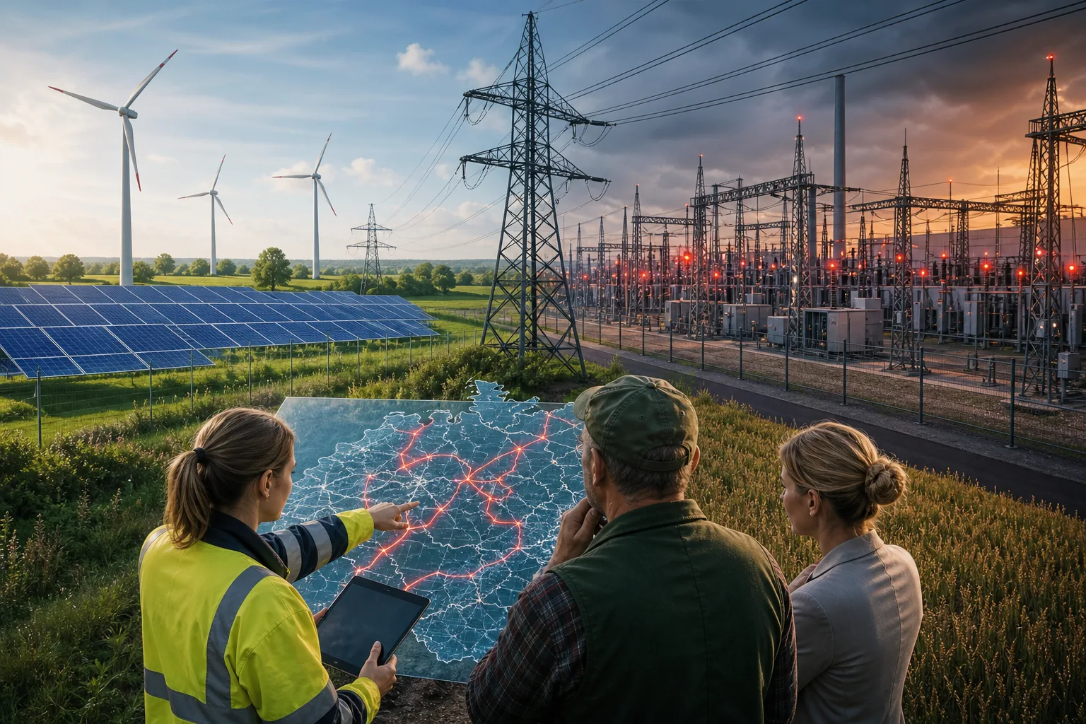 Erneuerbare Energien: redaktionelle Visualisierung mit Datenflüssen, Risiken und Unternehmensprozessen