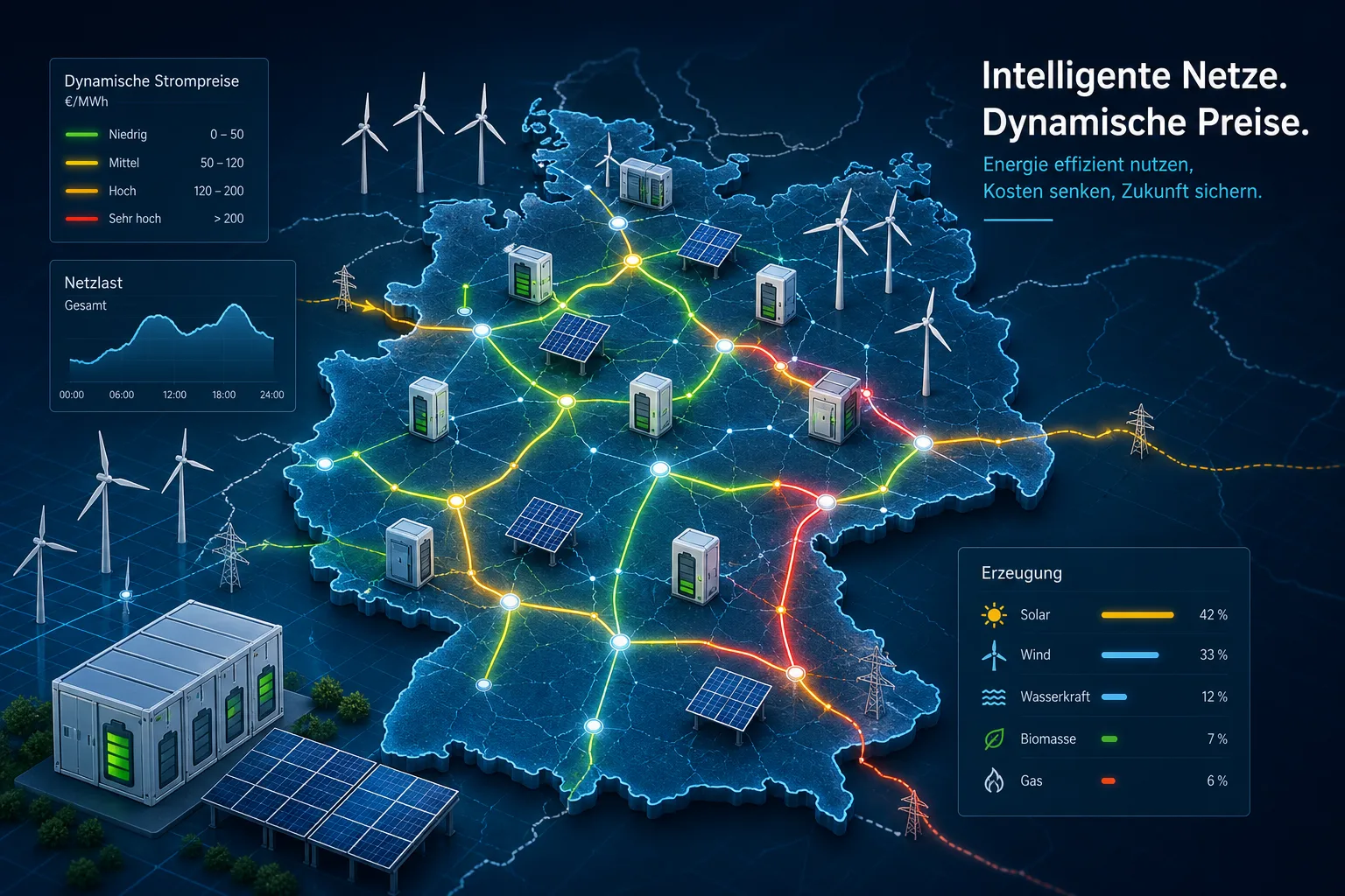 Energie: redaktionelle Visualisierung mit Datenflüssen, Risiken und Unternehmensprozessen