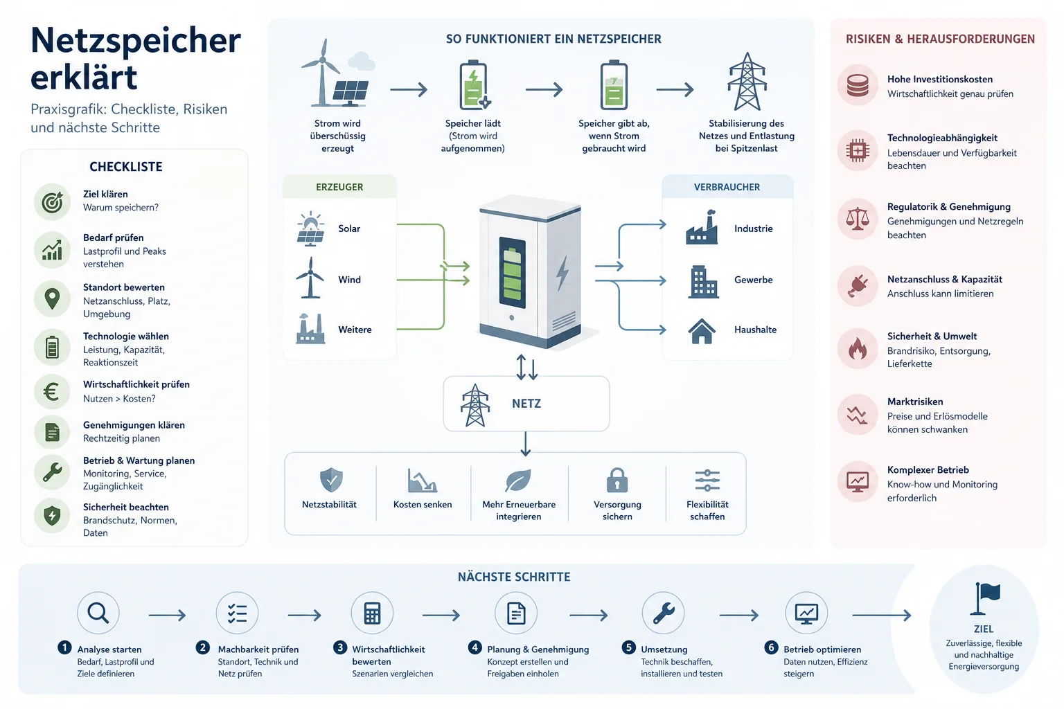 Netzspeicher erklärt: Netzspeicher erklärt: Praxis-Checkliste mit Risiken und nächsten Schritten.