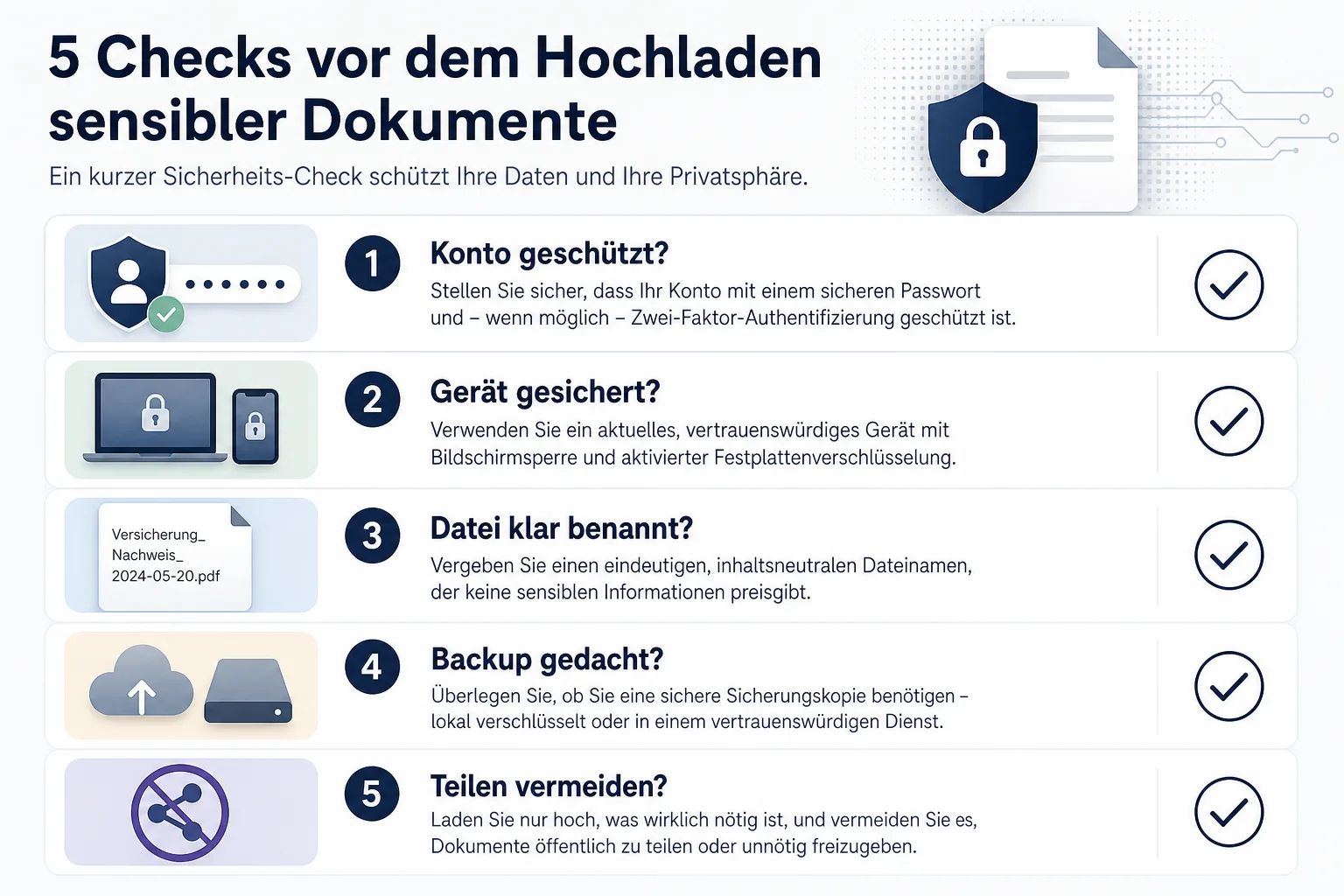 Checklisten-Infografik für Konto, Gerät, Dateinamen, Backup und Teilen vor dem Hochladen sensibler Dokumente.
