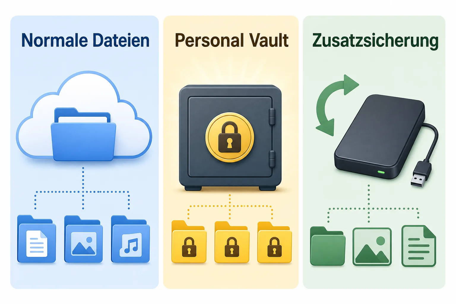 Infografik mit drei Bereichen für normale OneDrive-Dateien, Personal Vault und zusätzliche Sicherung.