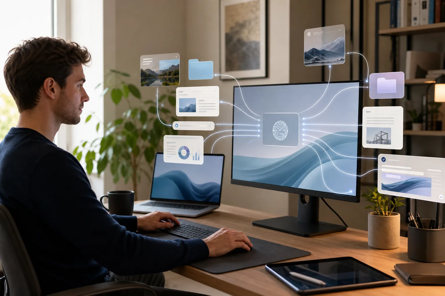 Windows-Arbeitsplatz mit abstrakten Datei- und App-Karten, die von einem KI-Agenten koordiniert werden.